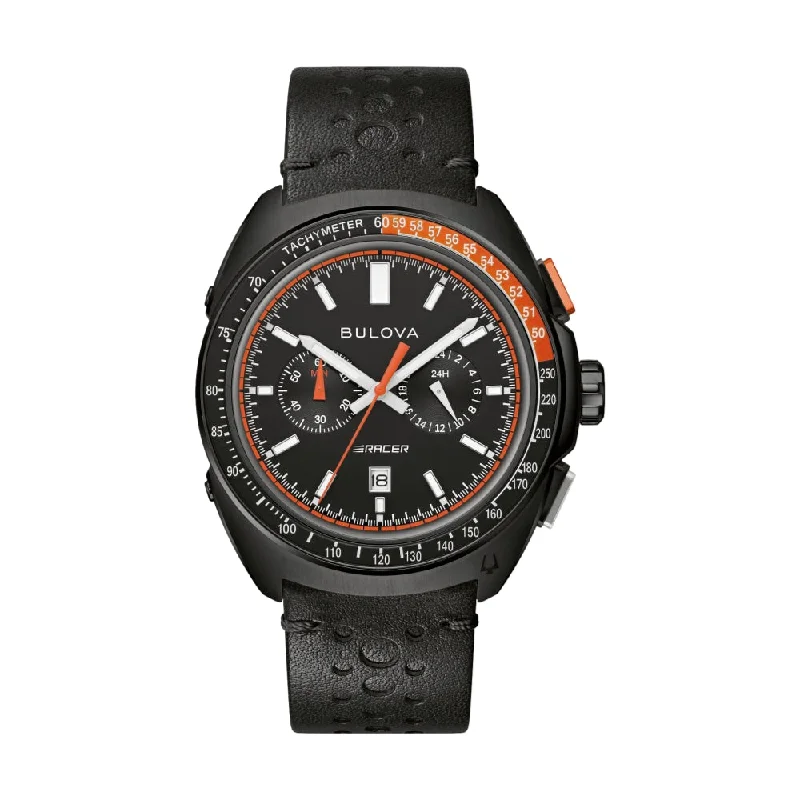 Wristwatches with Second Time Zone FeatureRacer Chronograph Black Dial on Black Leather Strap